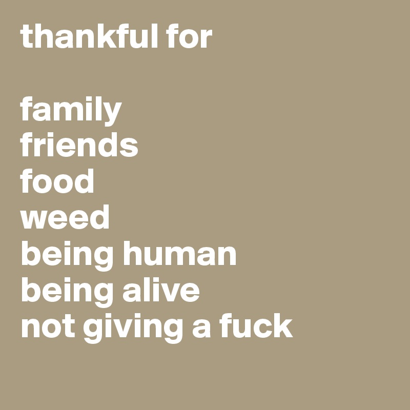 thankful for 

family 
friends 
food 
weed 
being human 
being alive 
not giving a fuck
