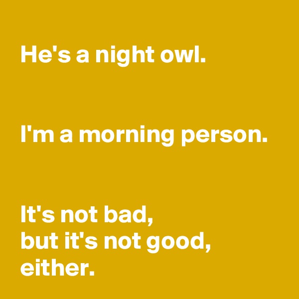 
 He's a night owl.

 
 I'm a morning person.


 It's not bad,
 but it's not good, 
 either.