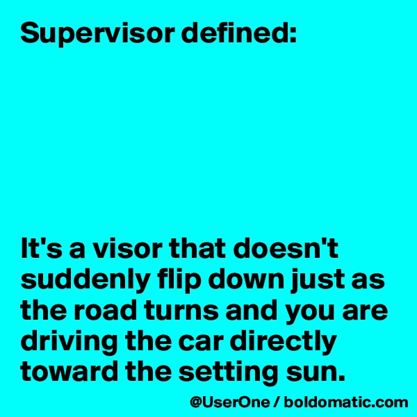 Supervisor defined:






It's a visor that doesn't suddenly flip down just as the road turns and you are driving the car directly toward the setting sun.