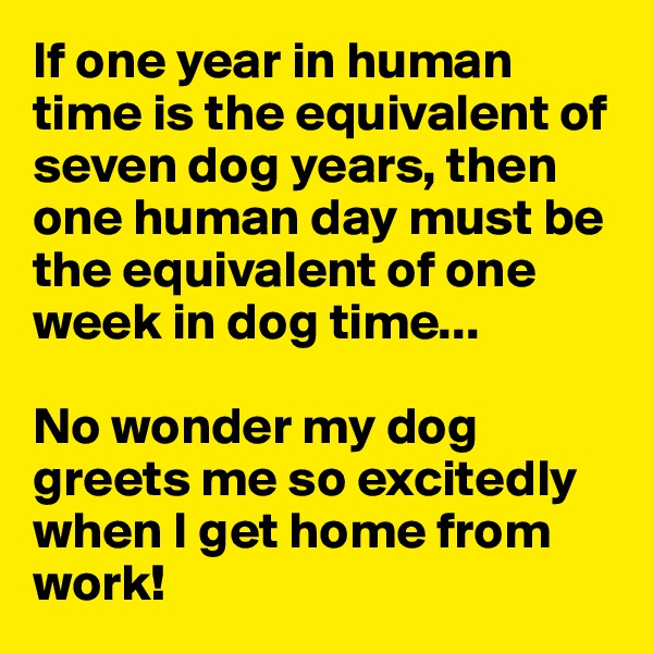 If one year in human time is the equivalent of seven dog years, then one human day must be the equivalent of one week in dog time...

No wonder my dog greets me so excitedly when I get home from work!