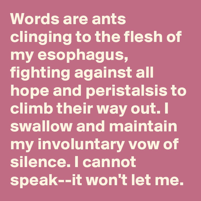 Words are ants clinging to the flesh of my esophagus, fighting against all hope and peristalsis to climb their way out. I swallow and maintain my involuntary vow of silence. I cannot speak--it won't let me.