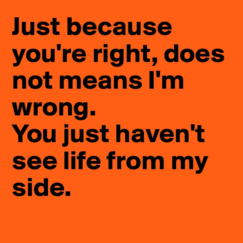 Just because you're right, does not means I'm wrong. 
You just haven't see life from my side.
