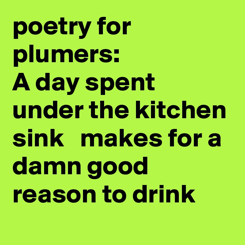 poetry for plumers:
A day spent under the kitchen sink   makes for a damn good reason to drink