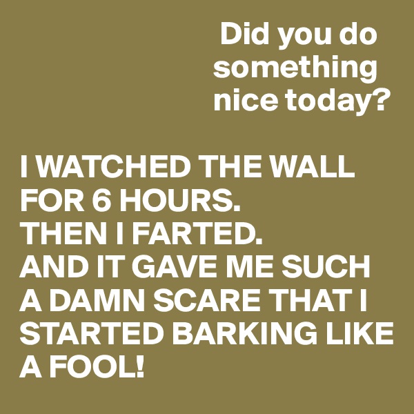                               Did you do 
                             something 
                             nice today? 

I WATCHED THE WALL FOR 6 HOURS. 
THEN I FARTED. 
AND IT GAVE ME SUCH A DAMN SCARE THAT I STARTED BARKING LIKE A FOOL!