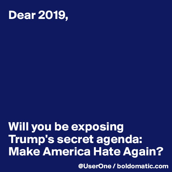 Dear 2019,








Will you be exposing Trump's secret agenda:
Make America Hate Again?