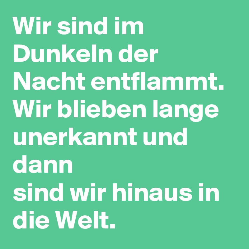 Wir sind im Dunkeln der Nacht entflammt.
Wir blieben lange unerkannt und dann
sind wir hinaus in die Welt.