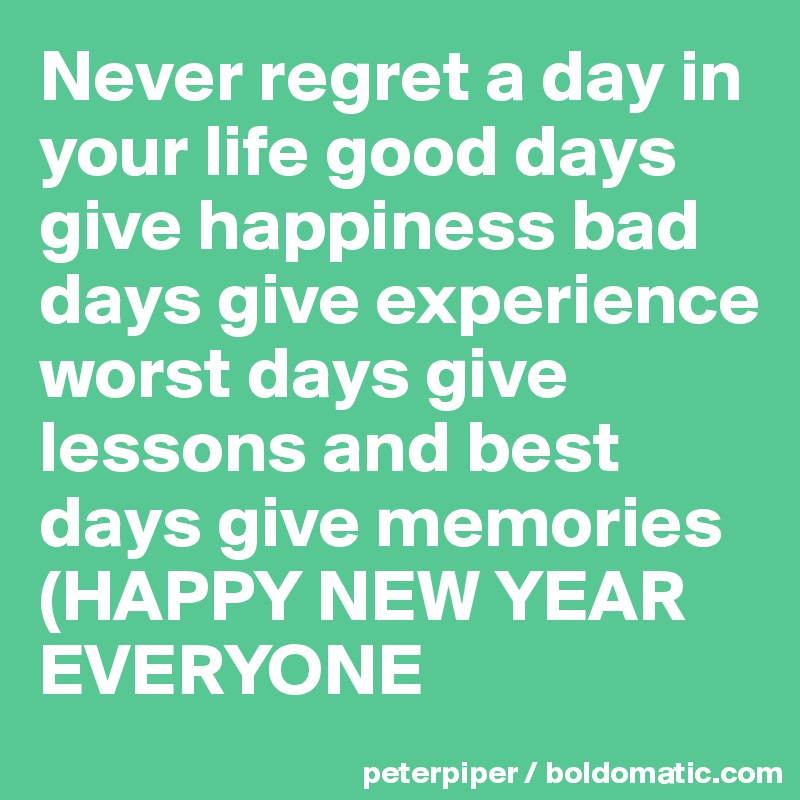 Never regret a day in your life good days give happiness bad days give experience worst days give lessons and best days give memories (HAPPY NEW YEAR EVERYONE  