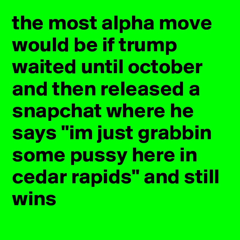 the most alpha move would be if trump waited until october and then released a snapchat where he says "im just grabbin some pussy here in cedar rapids" and still wins