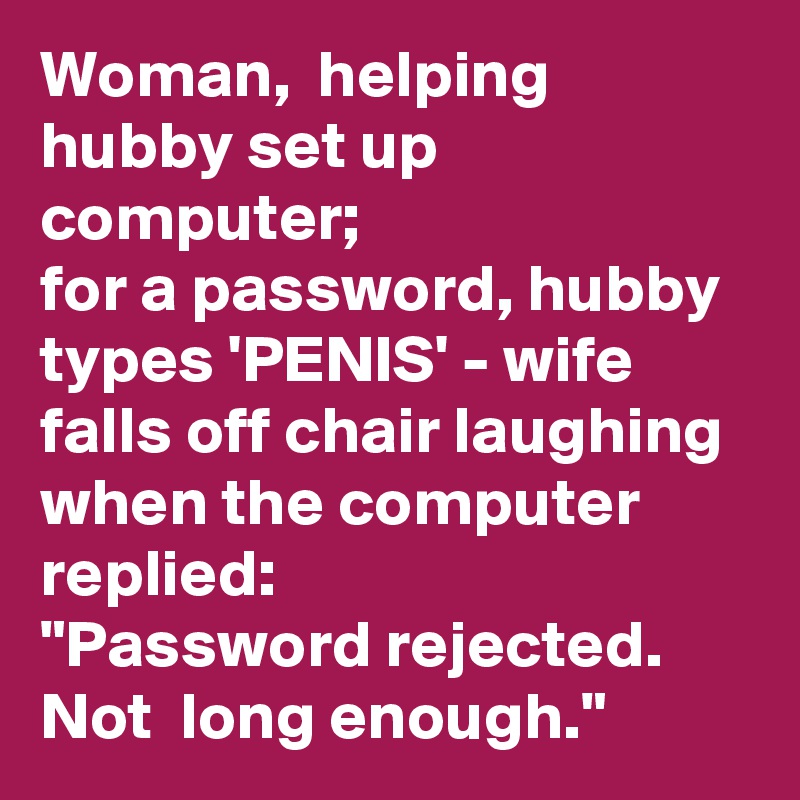 Woman,  helping hubby set up computer; 
for a password, hubby types 'PENIS' - wife falls off chair laughing when the computer replied:
"Password rejected.  Not  long enough."
