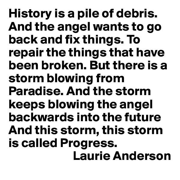 History is a pile of debris.
And the angel wants to go back and fix things. To repair the things that have been broken. But there is a storm blowing from Paradise. And the storm keeps blowing the angel backwards into the future 
And this storm, this storm is called Progress.
                         Laurie Anderson
