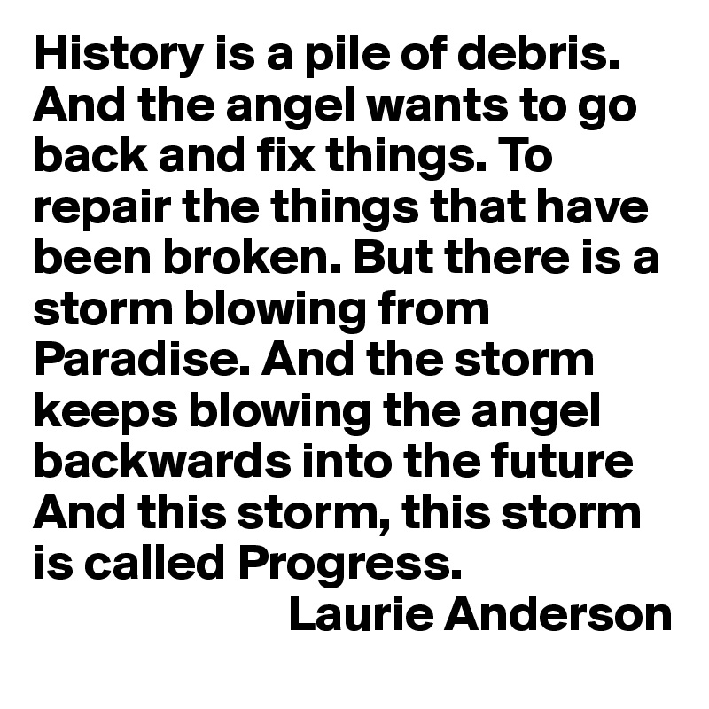 History is a pile of debris.
And the angel wants to go back and fix things. To repair the things that have been broken. But there is a storm blowing from Paradise. And the storm keeps blowing the angel backwards into the future 
And this storm, this storm is called Progress.
                         Laurie Anderson