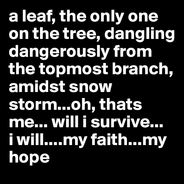 a leaf, the only one on the tree, dangling dangerously from the topmost branch, amidst snow storm...oh, thats  me... will i survive...   i will....my faith...my hope