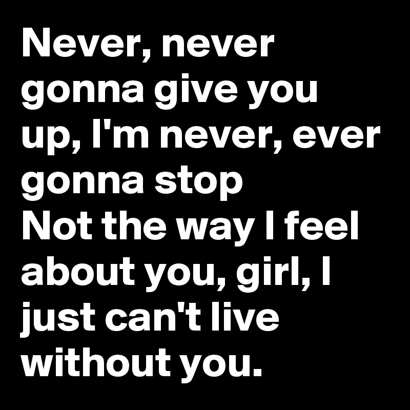 Never, never gonna give you up, I'm never, ever gonna stop
Not the way I feel about you, girl, I just can't live without you.