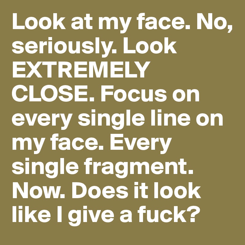 Look at my face. No, seriously. Look EXTREMELY CLOSE. Focus on every single line on my face. Every single fragment. Now. Does it look like I give a fuck?