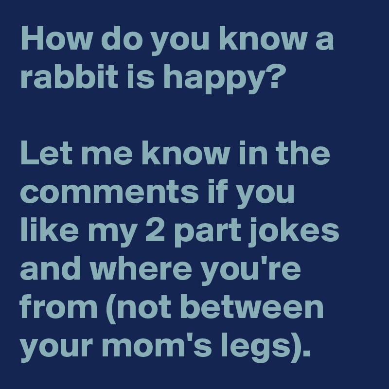 How do you know a rabbit is happy?

Let me know in the comments if you like my 2 part jokes and where you're from (not between your mom's legs).