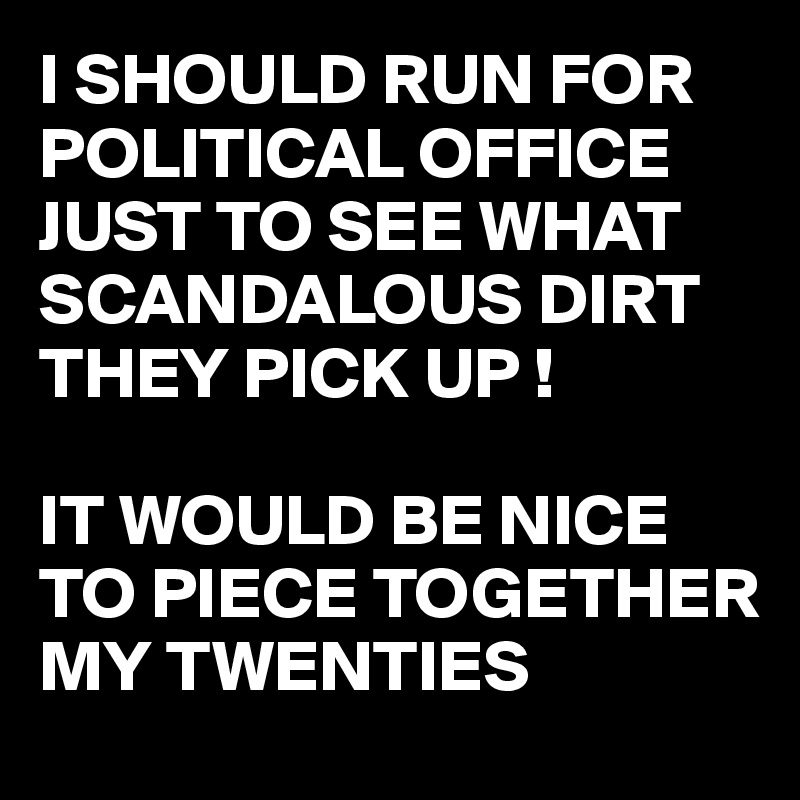 I SHOULD RUN FOR POLITICAL OFFICE
JUST TO SEE WHAT SCANDALOUS DIRT THEY PICK UP !

IT WOULD BE NICE TO PIECE TOGETHER MY TWENTIES 