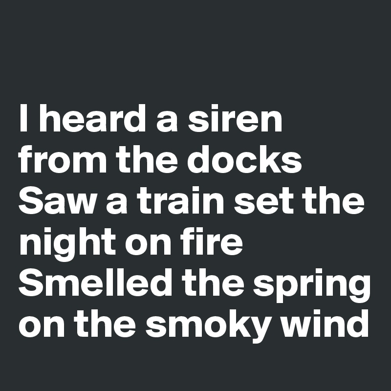 

I heard a siren from the docks 
Saw a train set the night on fire 
Smelled the spring on the smoky wind 