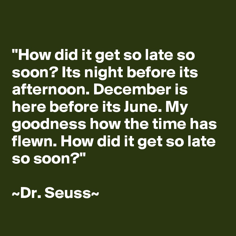 

"How did it get so late so soon? Its night before its afternoon. December is here before its June. My goodness how the time has flewn. How did it get so late so soon?"

~Dr. Seuss~
