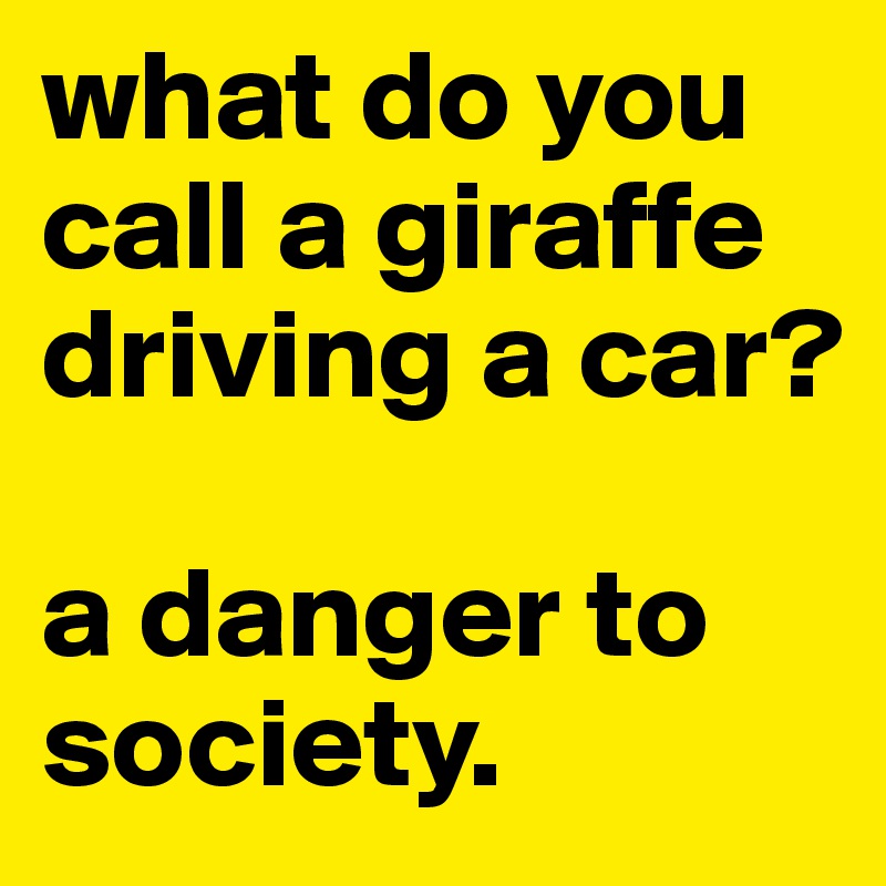 what do you call a giraffe driving a car?

a danger to society.
