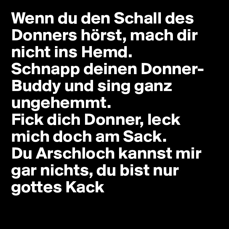 Wenn du den Schall des Donners hörst, mach dir nicht ins Hemd.
Schnapp deinen Donner-Buddy und sing ganz ungehemmt.
Fick dich Donner, leck mich doch am Sack.
Du Arschloch kannst mir gar nichts, du bist nur gottes Kack
