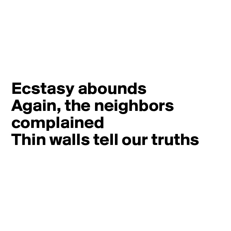



Ecstasy abounds
Again, the neighbors complained
Thin walls tell our truths



