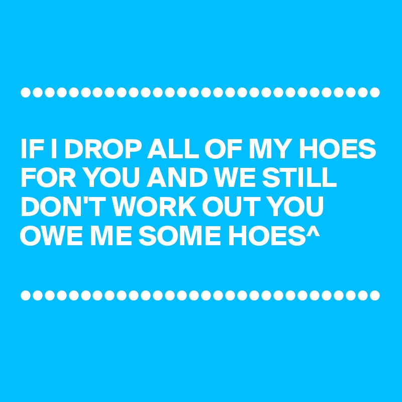 

••••••••••••••••••••••••••••••

IF I DROP ALL OF MY HOES FOR YOU AND WE STILL DON'T WORK OUT YOU OWE ME SOME HOES^

••••••••••••••••••••••••••••••

