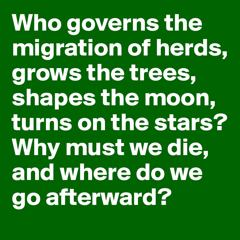 Who governs the migration of herds, grows the trees, shapes the moon, turns on the stars? Why must we die, and where do we go afterward?
