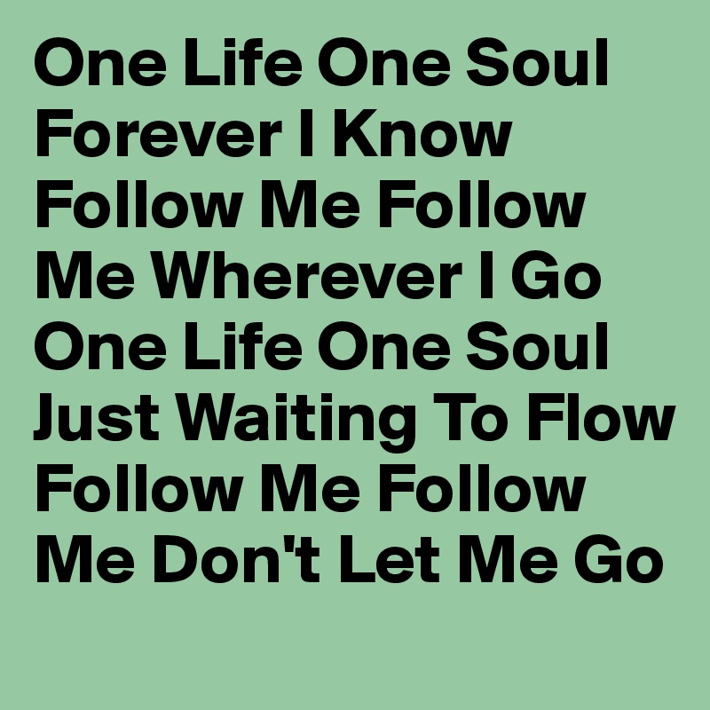 One Life One Soul Forever I Know Follow Me Follow Me Wherever I Go
One Life One Soul Just Waiting To Flow Follow Me Follow Me Don't Let Me Go 