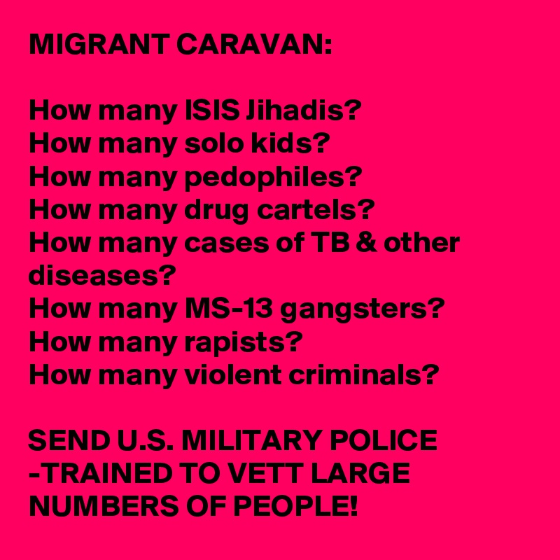 MIGRANT CARAVAN:

How many ISIS Jihadis?
How many solo kids?
How many pedophiles?
How many drug cartels?
How many cases of TB & other diseases?
How many MS-13 gangsters?
How many rapists?
How many violent criminals?

SEND U.S. MILITARY POLICE -TRAINED TO VETT LARGE NUMBERS OF PEOPLE!