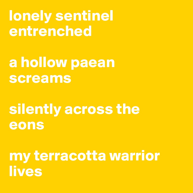 lonely sentinel entrenched

a hollow paean 
screams 

silently across the 
eons 

my terracotta warrior lives