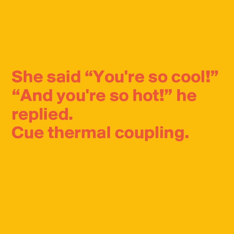 


She said “You're so cool!”
“And you're so hot!” he replied.
Cue thermal coupling.



