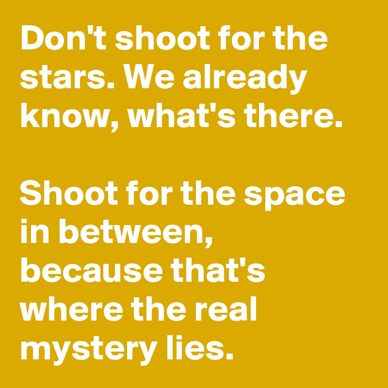 Don't shoot for the stars. We already know, what's there.

Shoot for the space in between, because that's where the real mystery lies.