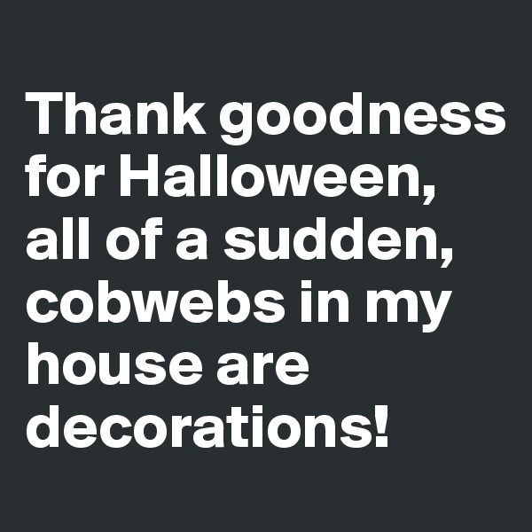 
Thank goodness for Halloween, all of a sudden, cobwebs in my house are decorations! 