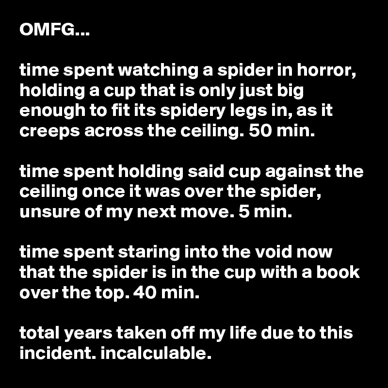 OMFG...

time spent watching a spider in horror, holding a cup that is only just big enough to fit its spidery legs in, as it creeps across the ceiling. 50 min.

time spent holding said cup against the ceiling once it was over the spider, unsure of my next move. 5 min.

time spent staring into the void now that the spider is in the cup with a book over the top. 40 min.

total years taken off my life due to this incident. incalculable.