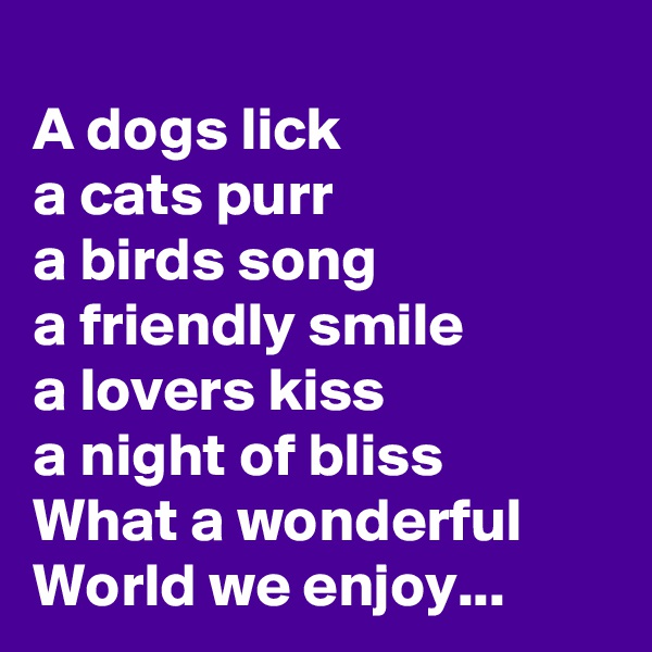 
A dogs lick
a cats purr
a birds song
a friendly smile
a lovers kiss
a night of bliss
What a wonderful World we enjoy...