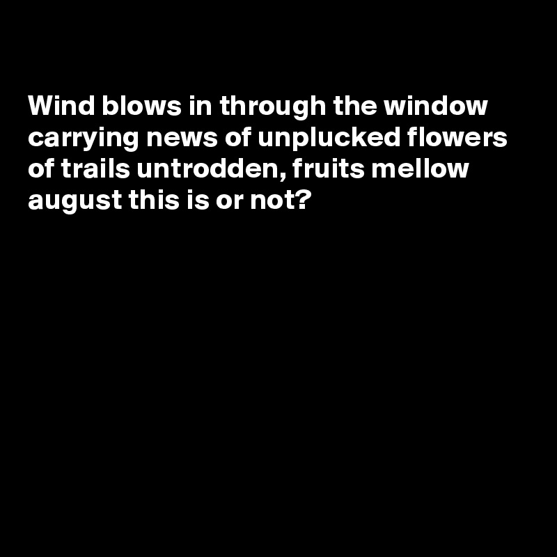 

Wind blows in through the window
carrying news of unplucked flowers
of trails untrodden, fruits mellow
august this is or not?








