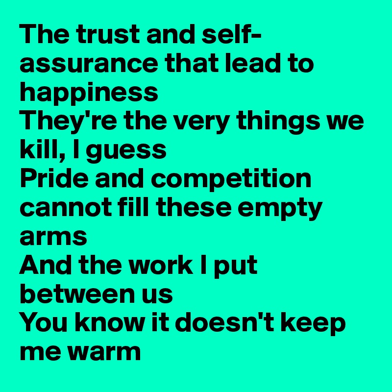 The trust and self-assurance that lead to happiness
They're the very things we kill, I guess
Pride and competition cannot fill these empty arms
And the work I put between us
You know it doesn't keep me warm