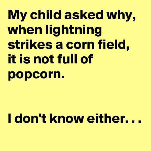 My child asked why, when lightning strikes a corn field, it is not full of popcorn.


I don't know either. . .
