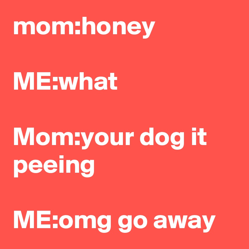 mom:honey

ME:what 

Mom:your dog it peeing 

ME:omg go away 