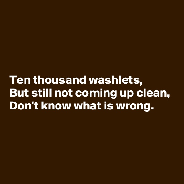 




Ten thousand washlets,
But still not coming up clean,
Don't know what is wrong.



