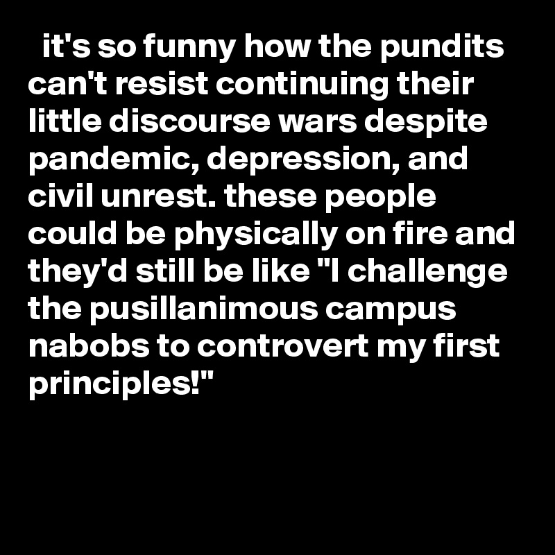   it's so funny how the pundits can't resist continuing their little discourse wars despite pandemic, depression, and civil unrest. these people could be physically on fire and they'd still be like "I challenge the pusillanimous campus nabobs to controvert my first principles!"
