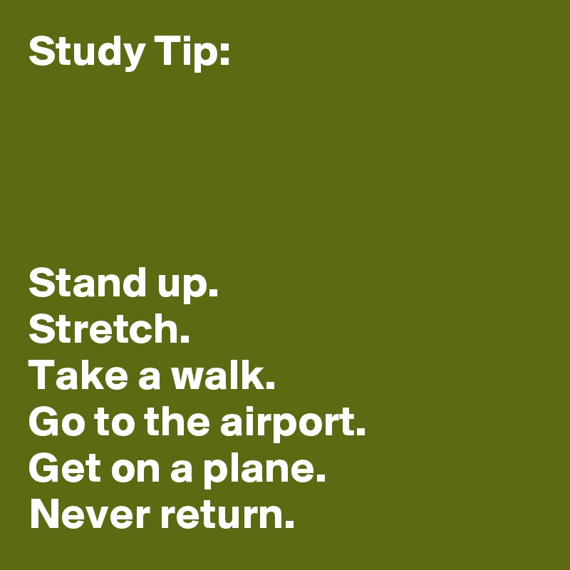 Study Tip: 




Stand up.
Stretch.
Take a walk.
Go to the airport.
Get on a plane.
Never return.