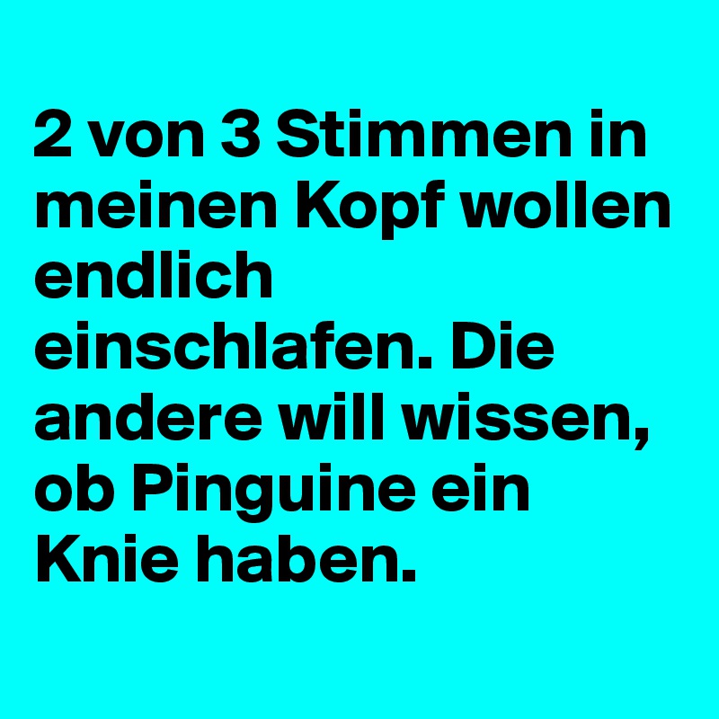 
2 von 3 Stimmen in meinen Kopf wollen endlich einschlafen. Die andere will wissen, ob Pinguine ein Knie haben. 
