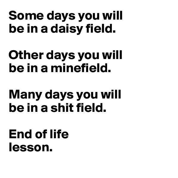 Some days you will 
be in a daisy field. 

Other days you will 
be in a minefield.

Many days you will 
be in a shit field.

End of life 
lesson.
