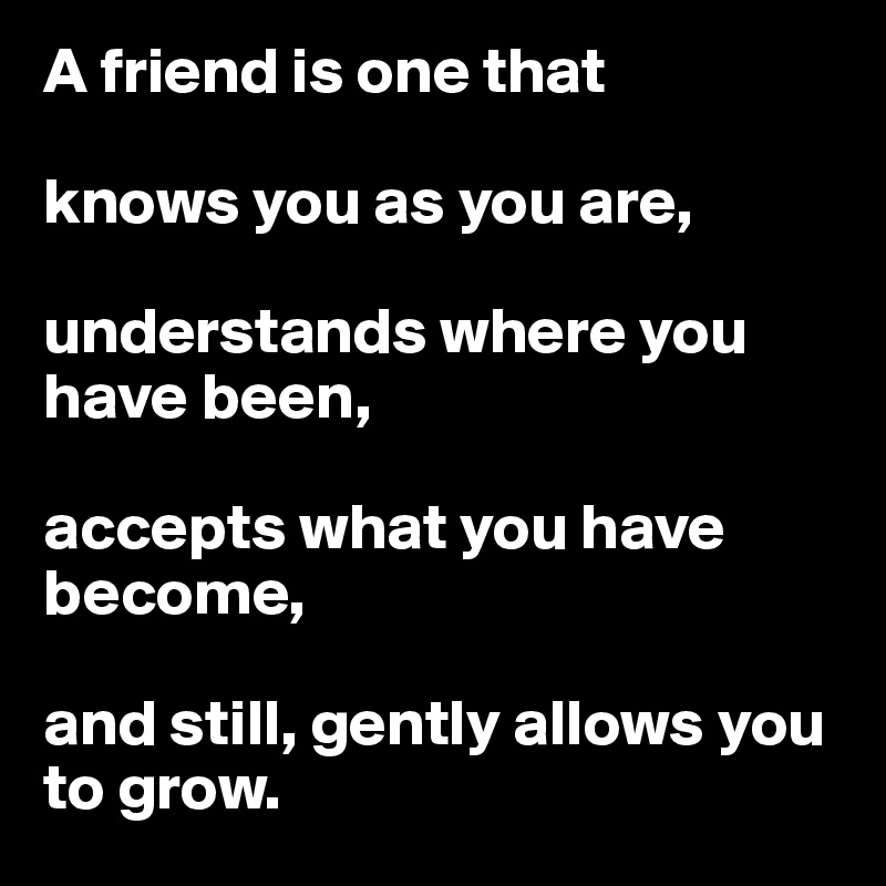 A friend is one that 

knows you as you are, 

understands where you have been, 

accepts what you have become, 

and still, gently allows you to grow.