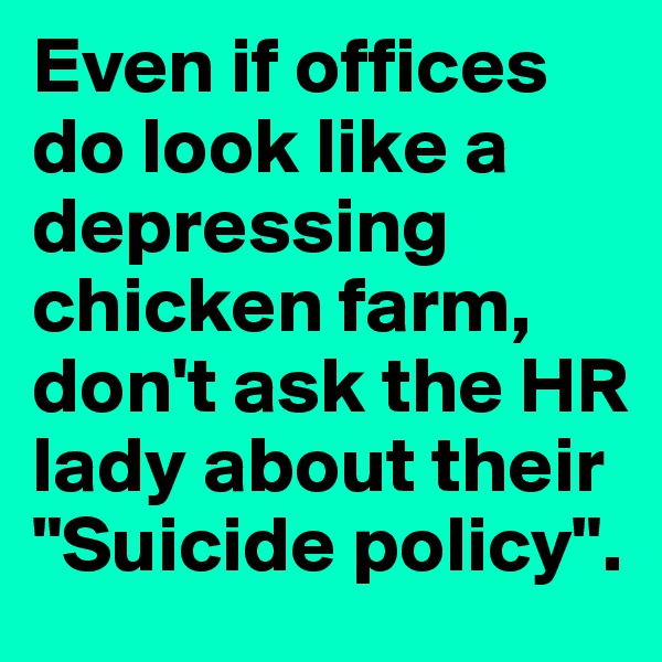 Even if offices do look like a depressing chicken farm, don't ask the HR lady about their "Suicide policy".