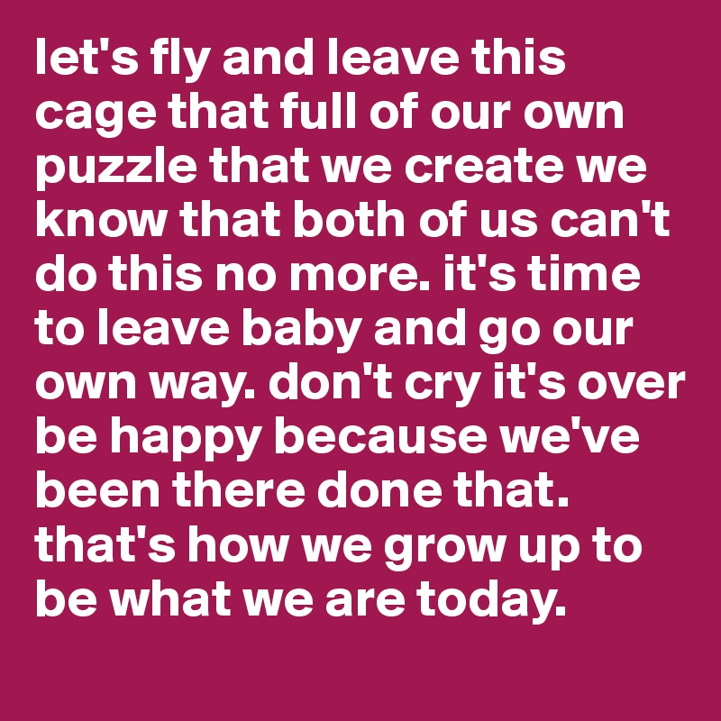 let's fly and leave this cage that full of our own puzzle that we create we know that both of us can't do this no more. it's time to leave baby and go our own way. don't cry it's over be happy because we've been there done that. that's how we grow up to be what we are today. 