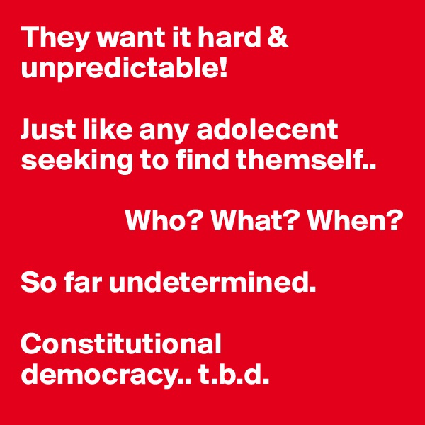 They want it hard & unpredictable!

Just like any adolecent seeking to find themself..

                 Who? What? When?

So far undetermined.

Constitutional 
democracy.. t.b.d.