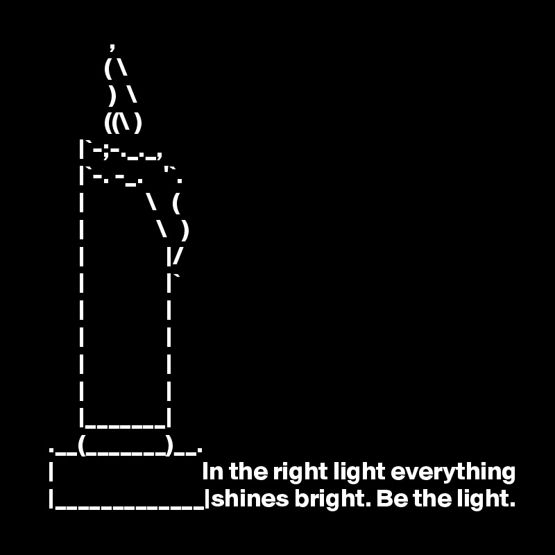                 ,
               ( \
                )  \
               ((\ )
          |`-;-._._,
          |`-. -_.    '`. 
          |            \   (
          |              \   )
          |                |/
          |                |`
          |                |
          |                |
          |                |
          |                |
          |_______|
    .__(_______)__.
    |                             In the right light everything      |_____________|shines bright. Be the light. 