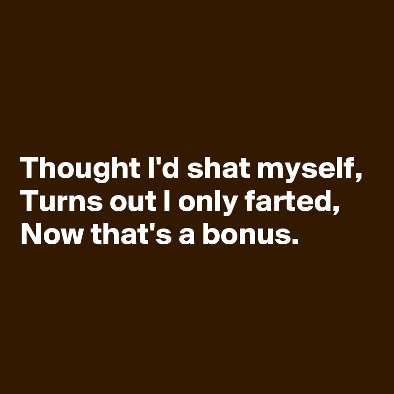 



Thought I'd shat myself,
Turns out I only farted,
Now that's a bonus.


